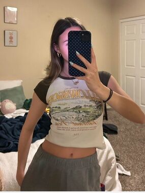 Urban Outfitters Cream and Olive Graphic Ringer Crop Top